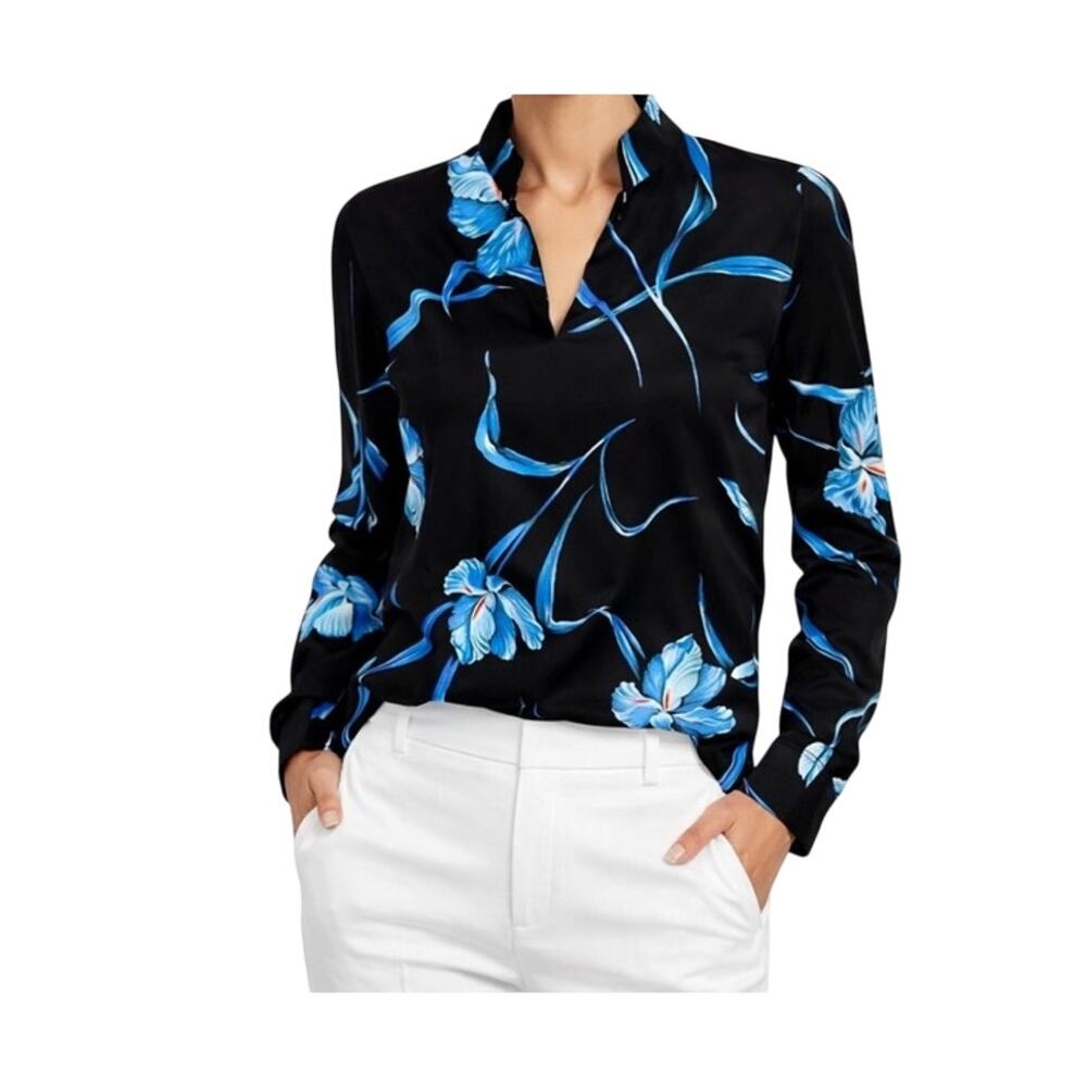 Mardi Modes Top Womens Size 10 Long Sleeve Blue Black Floral Retro 1970s Vintage